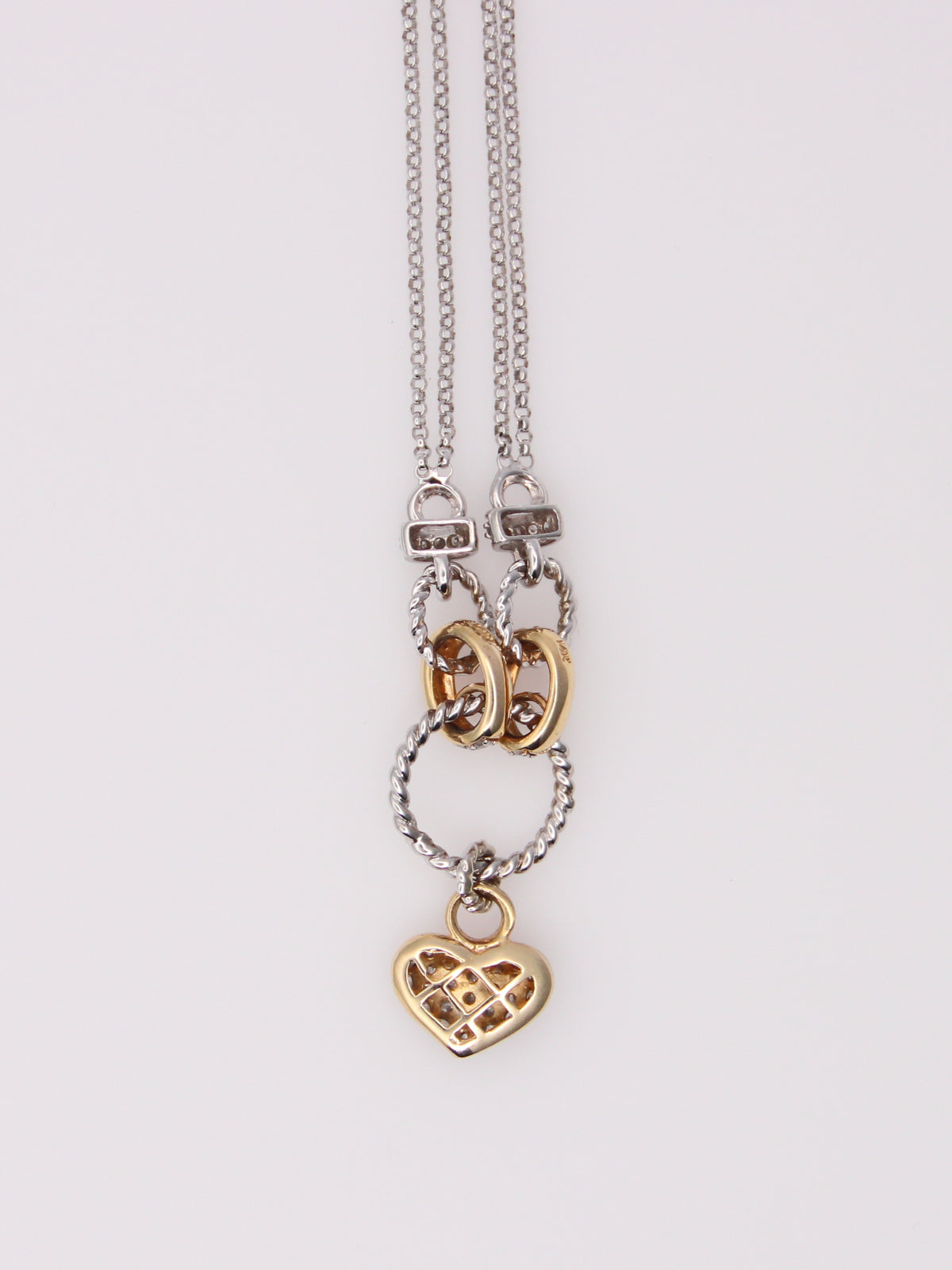 14K Two Tone Double Link Diamond Heart Pendant Necklace