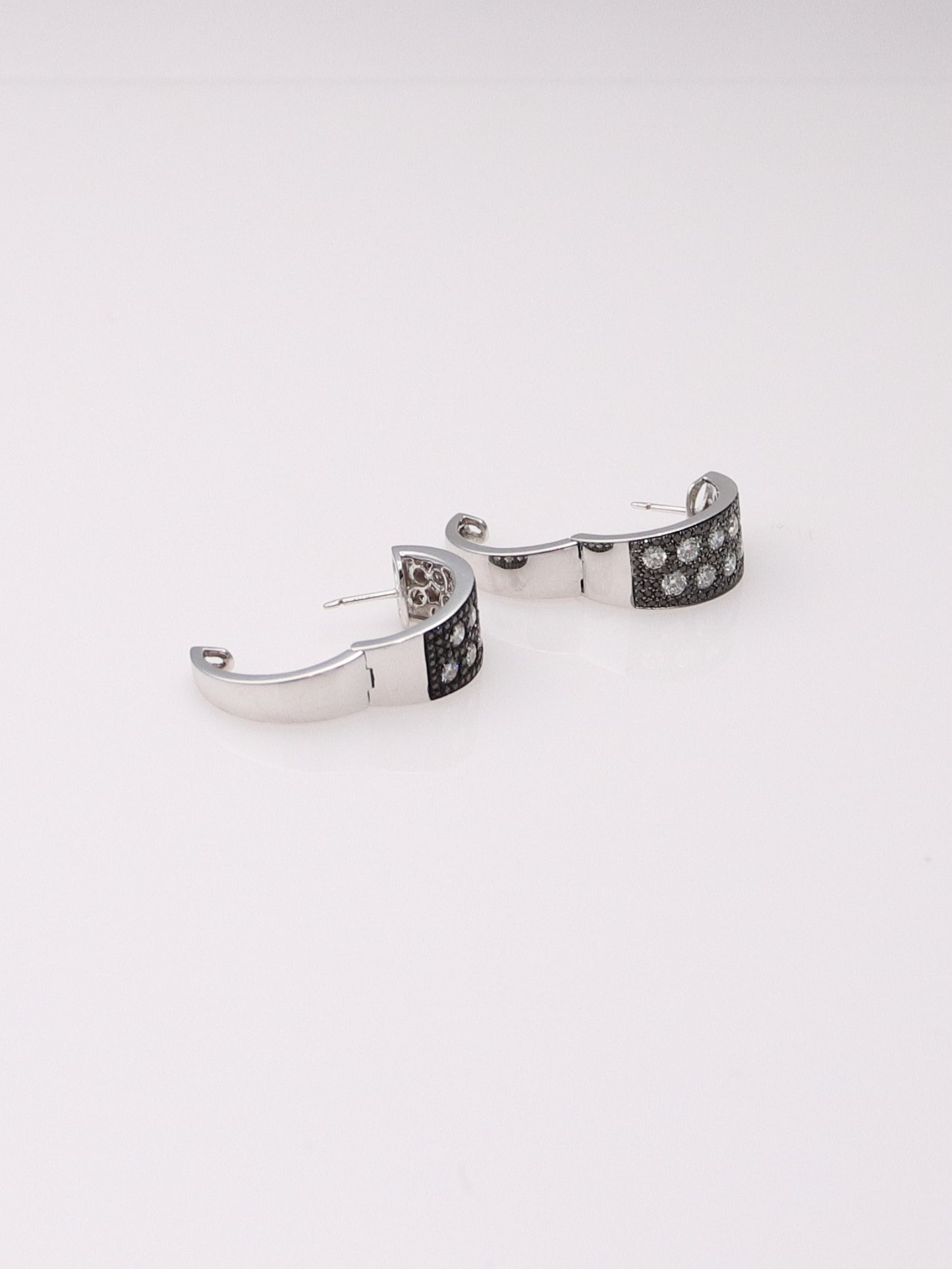 14K White Gold Black and White Diamond Huggies