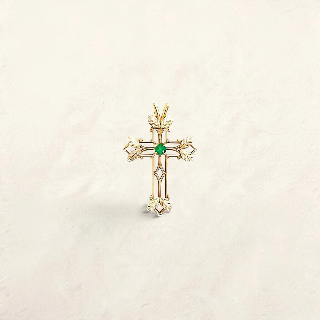 10K Two-Tone Emerald Cross Pendant