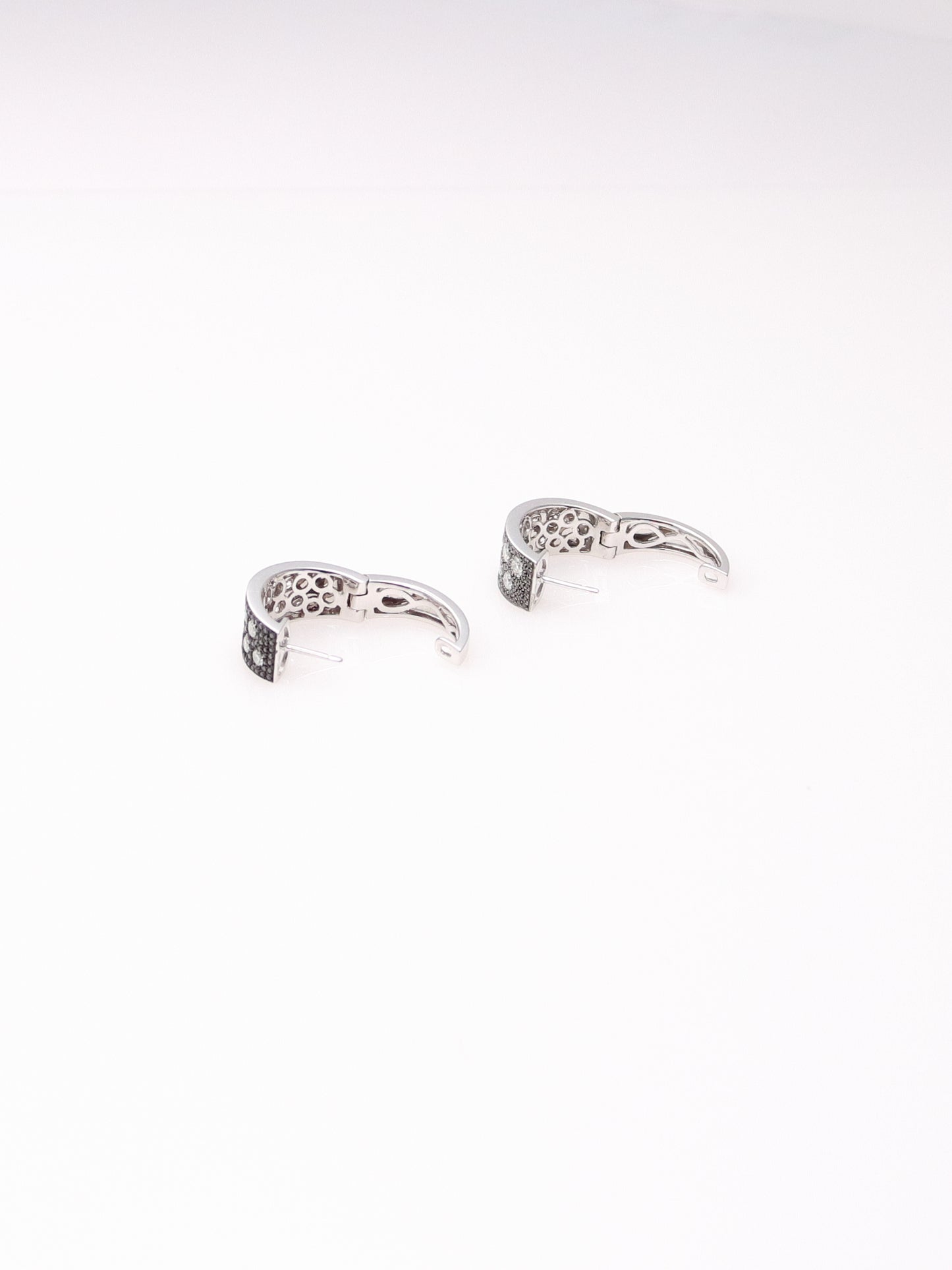 14K White Gold Black and White Diamond Huggies