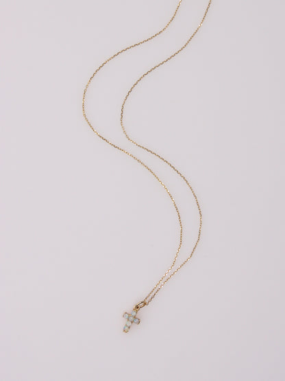 14K Yellow Gold Mini Opal Cross Pendant Necklace