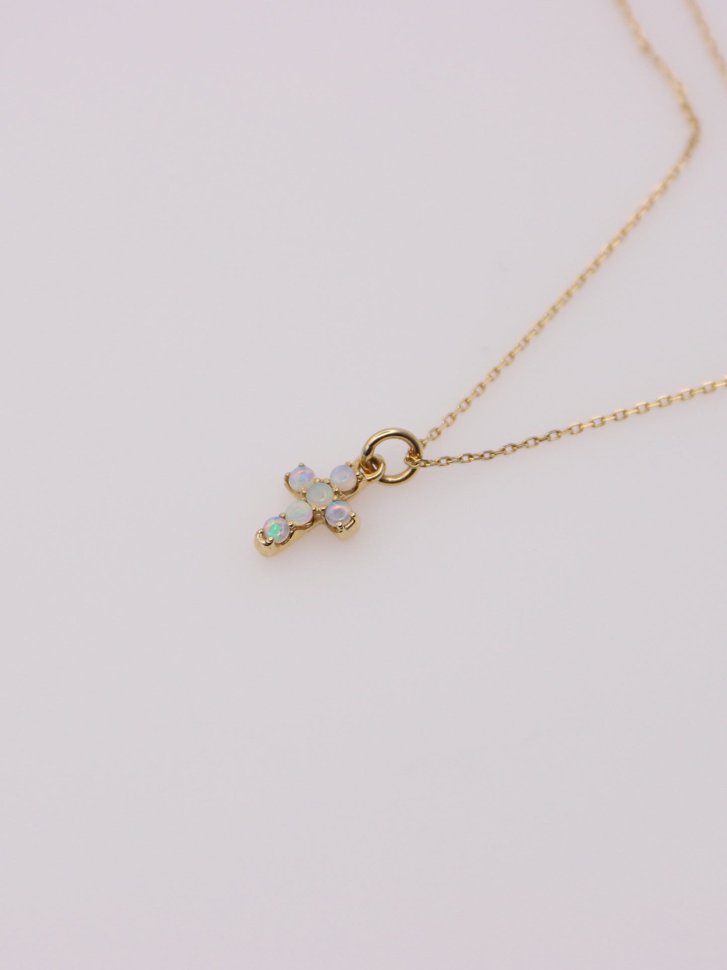 14K Yellow Gold Mini Opal Cross Pendant Necklace
