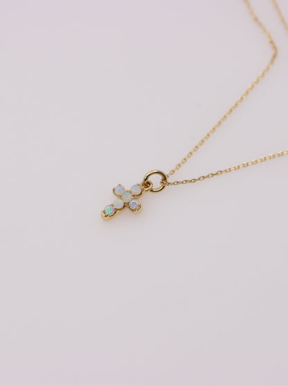 14K Yellow Gold Mini Opal Cross Pendant Necklace