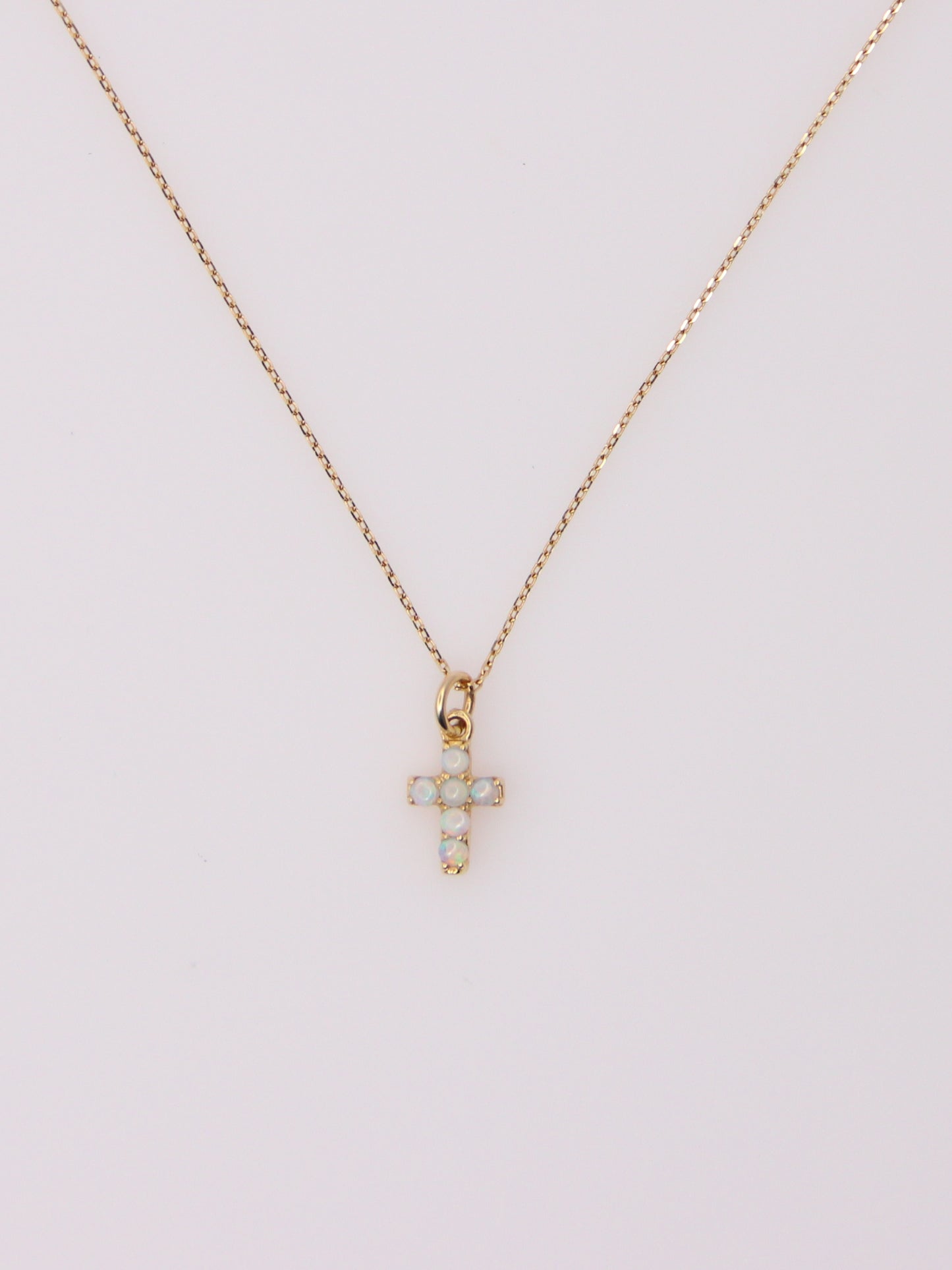 14K Yellow Gold Mini Opal Cross Pendant Necklace