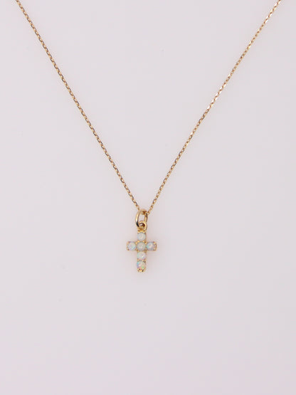 14K Yellow Gold Mini Opal Cross Pendant Necklace