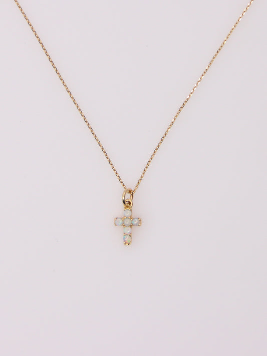 14K Yellow Gold Mini Opal Cross Pendant Necklace