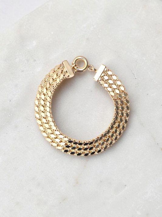 Zafrah 14k yellow gold fancy link bracelet with a vintage-inspired multi-strand design and round clasp.
