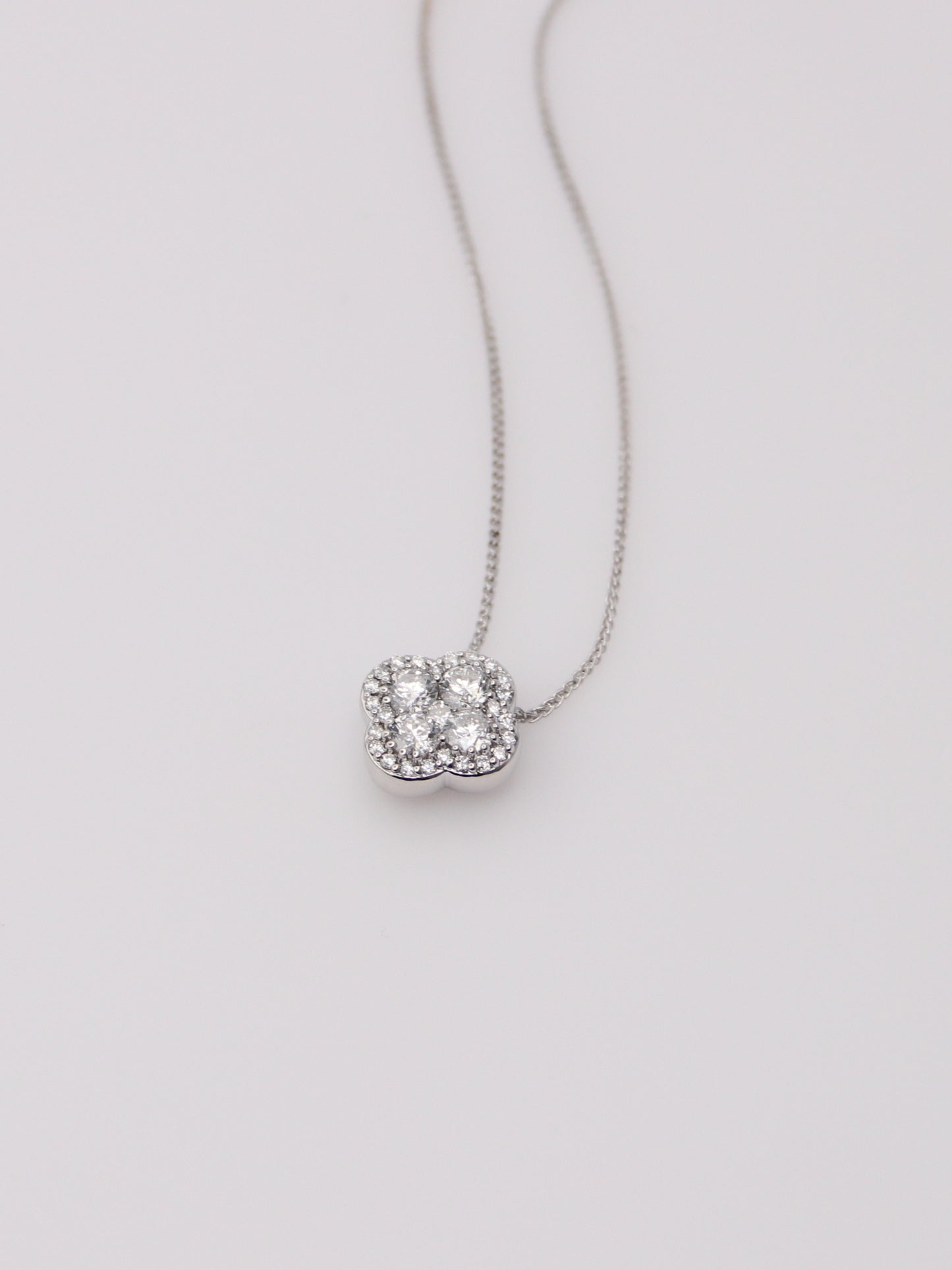 18K White Gold Diamond Clover Pendant Necklace