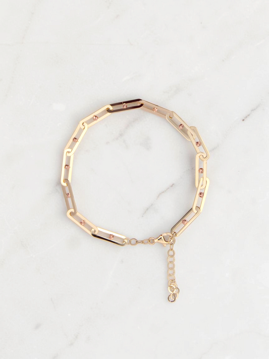 Zafrah 14k solid gold paperclip link bracelet with adjustable chain and small rose gold bead accents