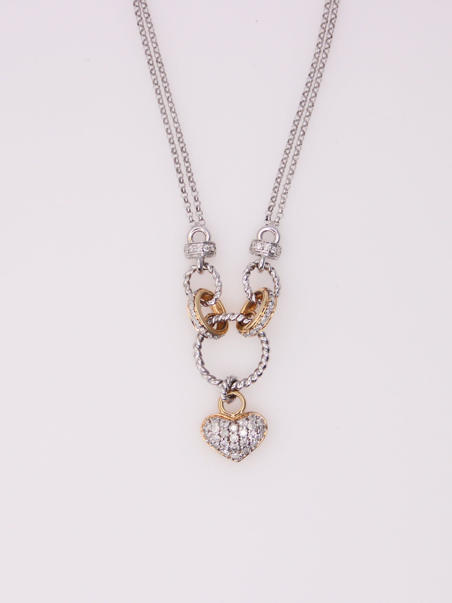 14K Two Tone Double Link Diamond Heart Pendant Necklace