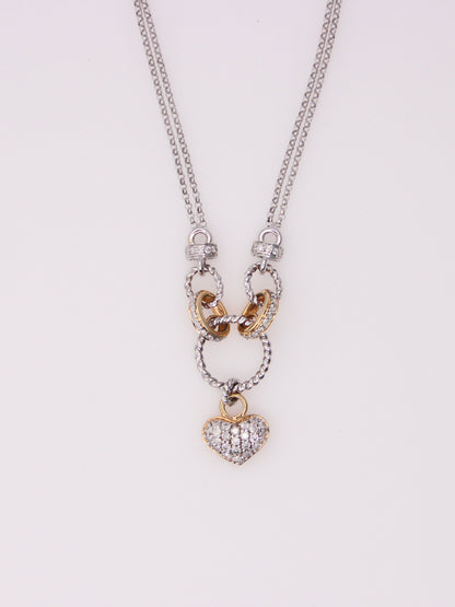 14K Two Tone Double Link Diamond Heart Pendant Necklace