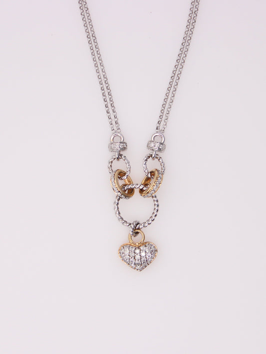 14K Two Tone Double Link Diamond Heart Pendant Necklace