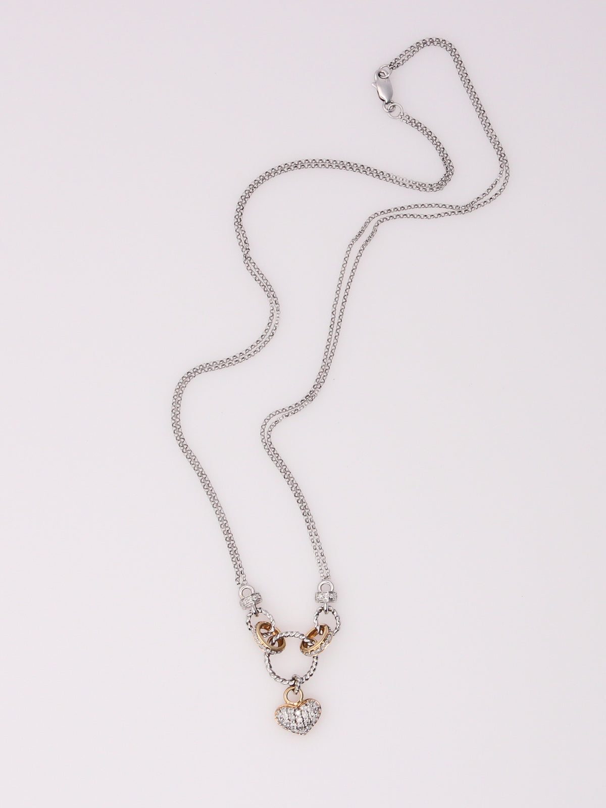 14K Two Tone Double Link Diamond Heart Pendant Necklace