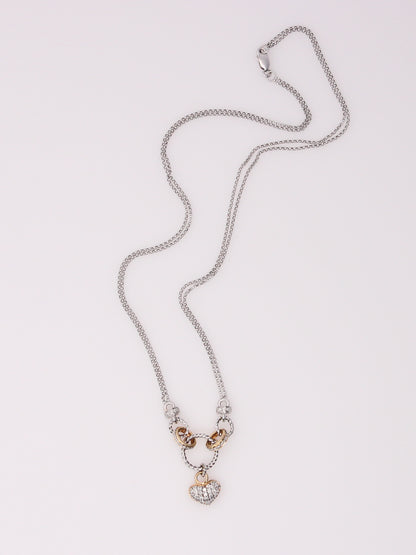 14K Two Tone Double Link Diamond Heart Pendant Necklace