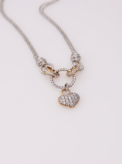 14K Two Tone Double Link Diamond Heart Pendant Necklace