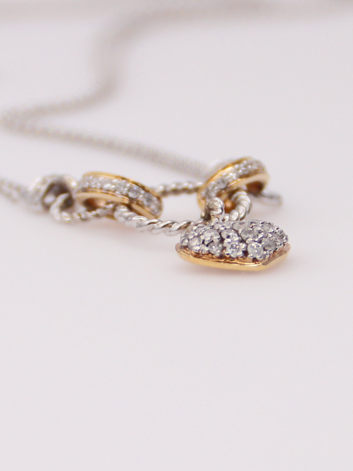 14K Two Tone Double Link Diamond Heart Pendant Necklace