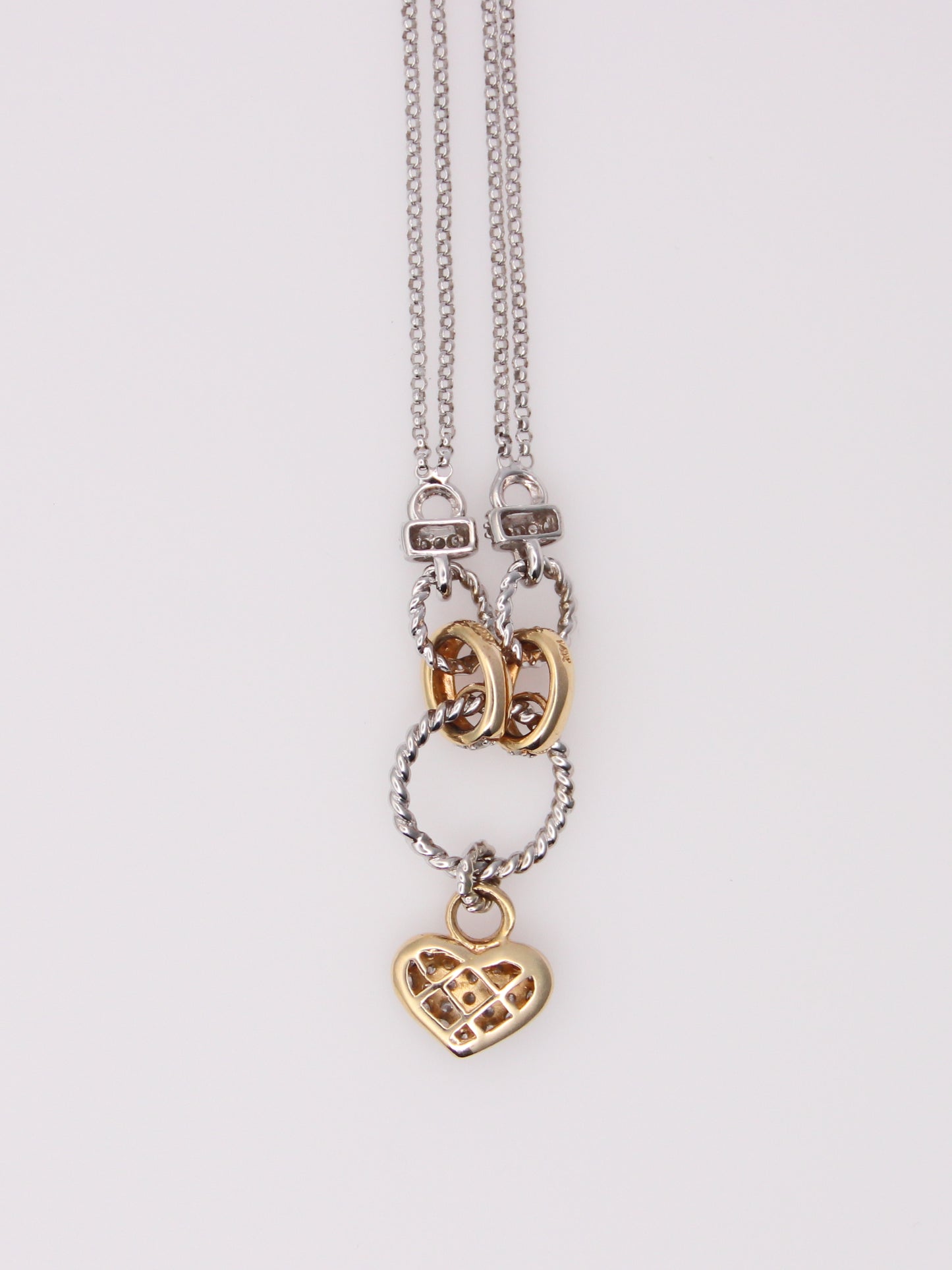 14K Two Tone Double Link Diamond Heart Pendant Necklace