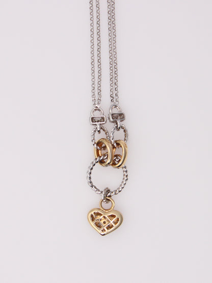 14K Two Tone Double Link Diamond Heart Pendant Necklace
