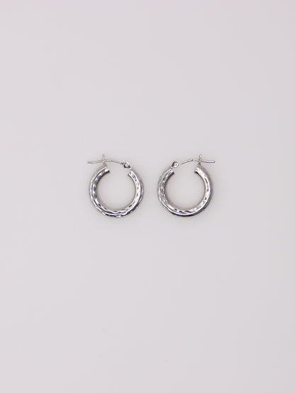 14K White Gold Small Textured Hoops