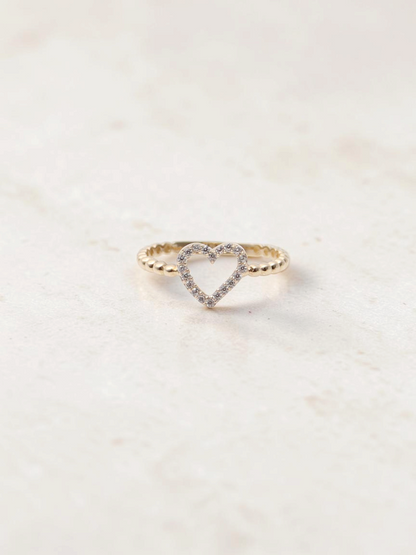 Zafrah 14k yellow gold heart bead ring featuring a delicate band with sparkling CZ stones