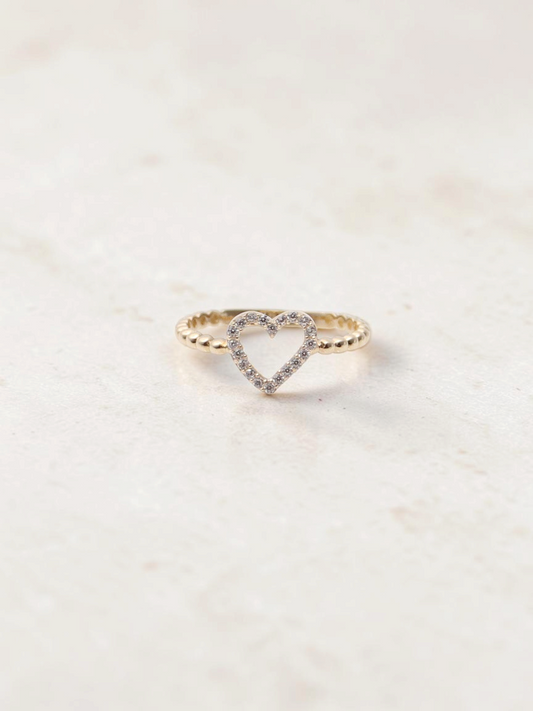 Zafrah 14k yellow gold heart bead ring featuring a delicate band with sparkling CZ stones