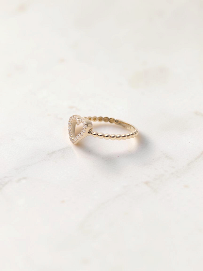 Zafrah 14k yellow gold heart bead ring featuring sparkling CZ stones on a delicate beaded band