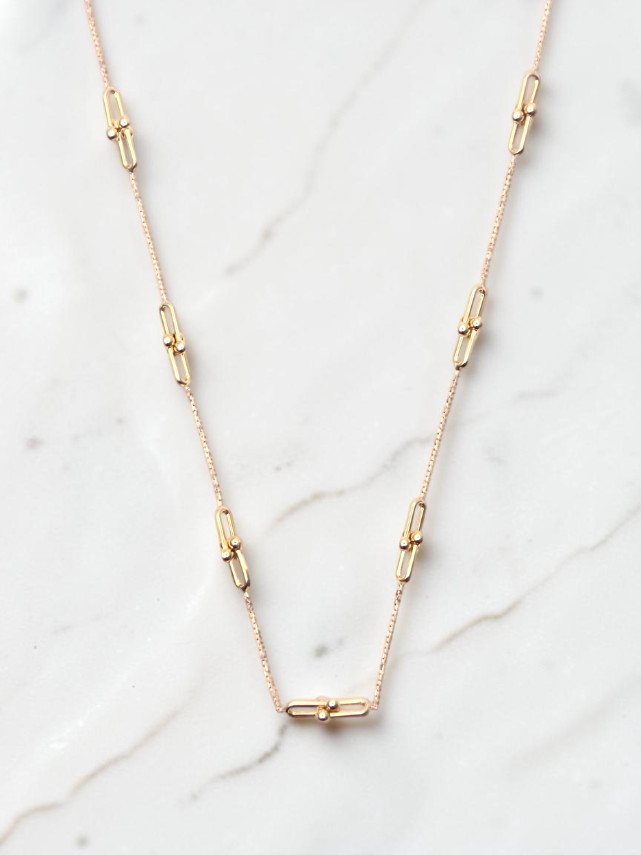 Zafrah 14k yellow gold beaded paperclip necklace with adjustable chain length
