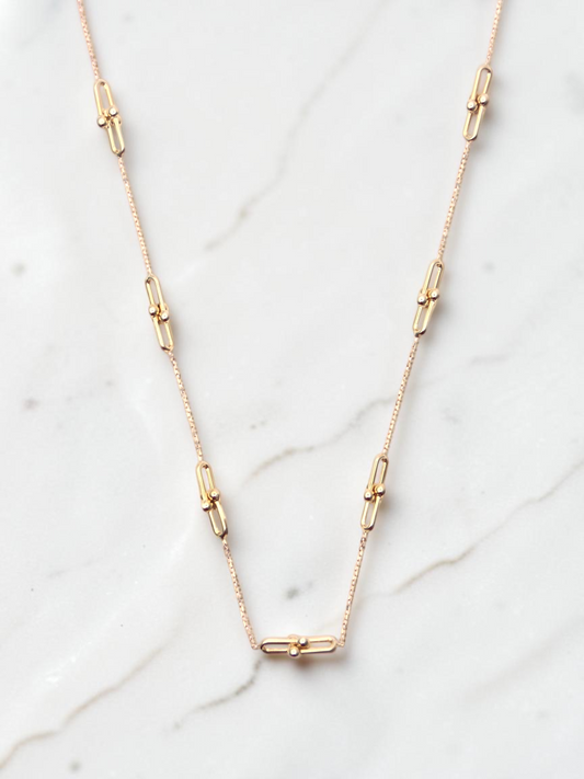 Zafrah 14k yellow gold beaded paperclip necklace with adjustable chain length