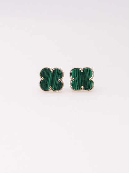 14K Yellow Gold Malachite Clover Earrings