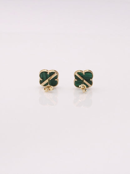 14K Yellow Gold Malachite Clover Earrings