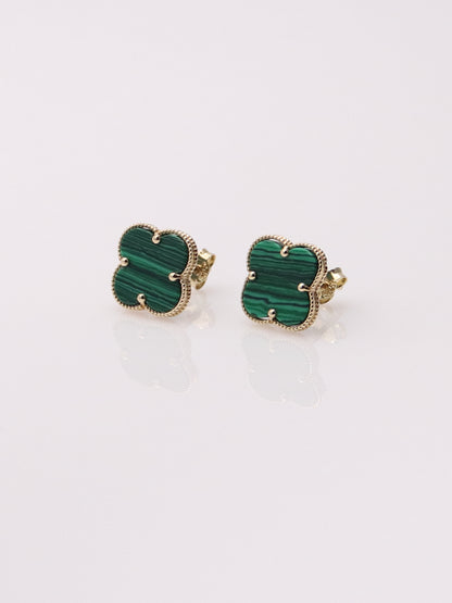 14K Yellow Gold Malachite Clover Earrings