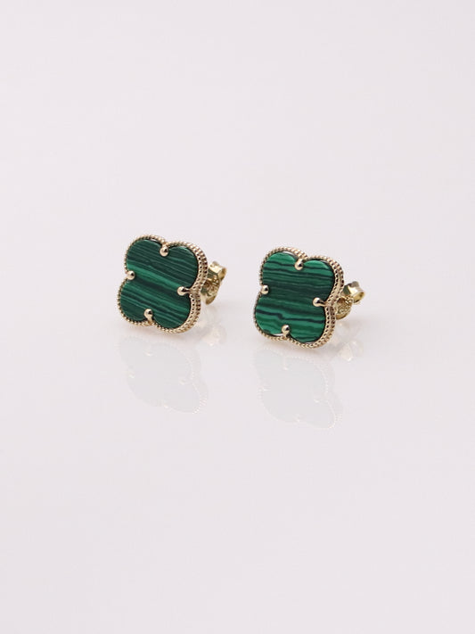 14K Yellow Gold Malachite Clover Earrings