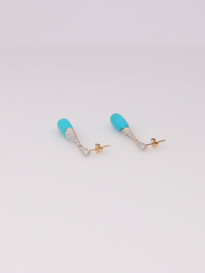 14K Yellow Gold Teal & Diamond Dropdown Earrings