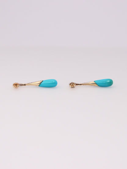 14K Yellow Gold Teal & Diamond Dropdown Earrings
