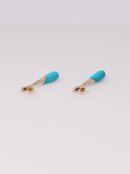 14K Yellow Gold Teal & Diamond Dropdown Earrings