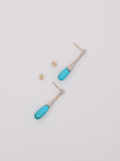 14K Yellow Gold Teal & Diamond Dropdown Earrings