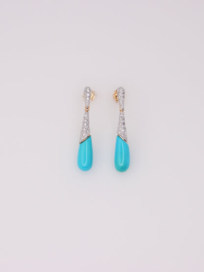 14K Yellow Gold Teal & Diamond Dropdown Earrings
