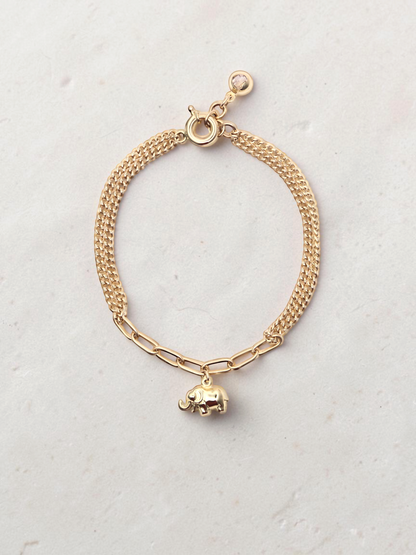 Zafrah 14k yellow gold bracelet featuring an elephant charm on a mixed paperclip and double curb link chain