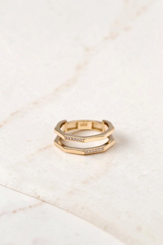 Zafrah double geometric band ring in solid 14k yellow gold with flat edges and delicate accent stones