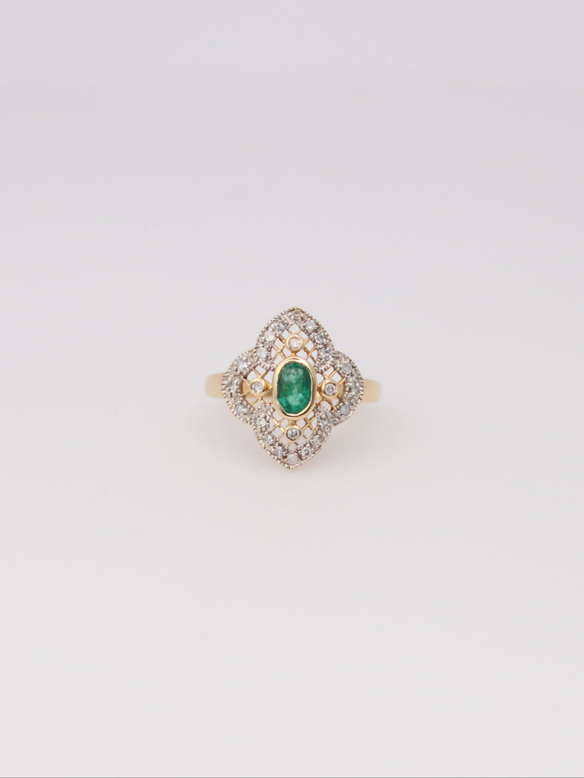 14K Yellow Gold Antique Emerald and Diamond Ring