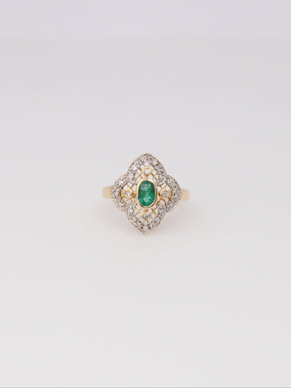 14K Yellow Gold Antique Emerald and Diamond Ring
