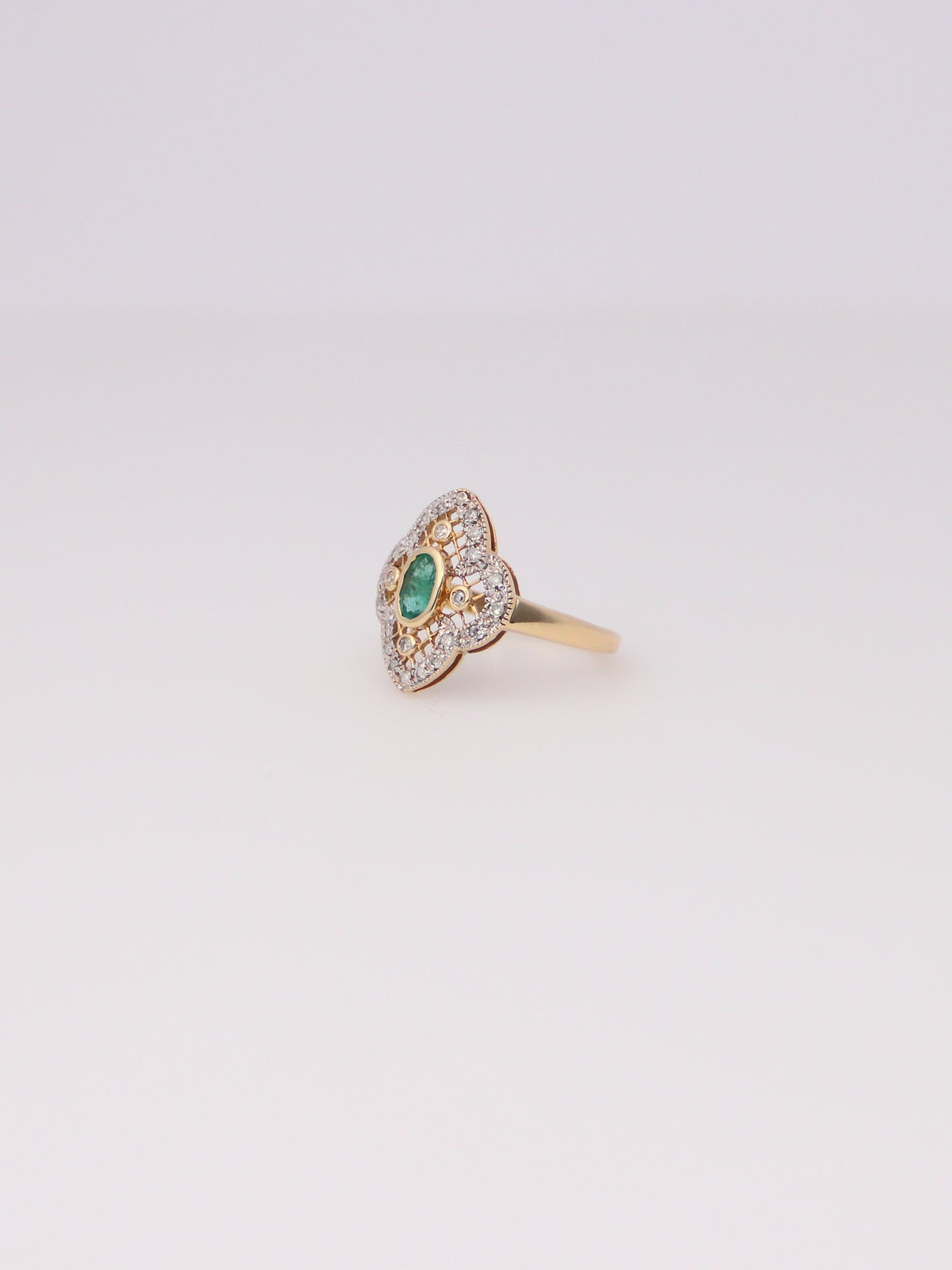 14K Yellow Gold Antique Emerald and Diamond Ring