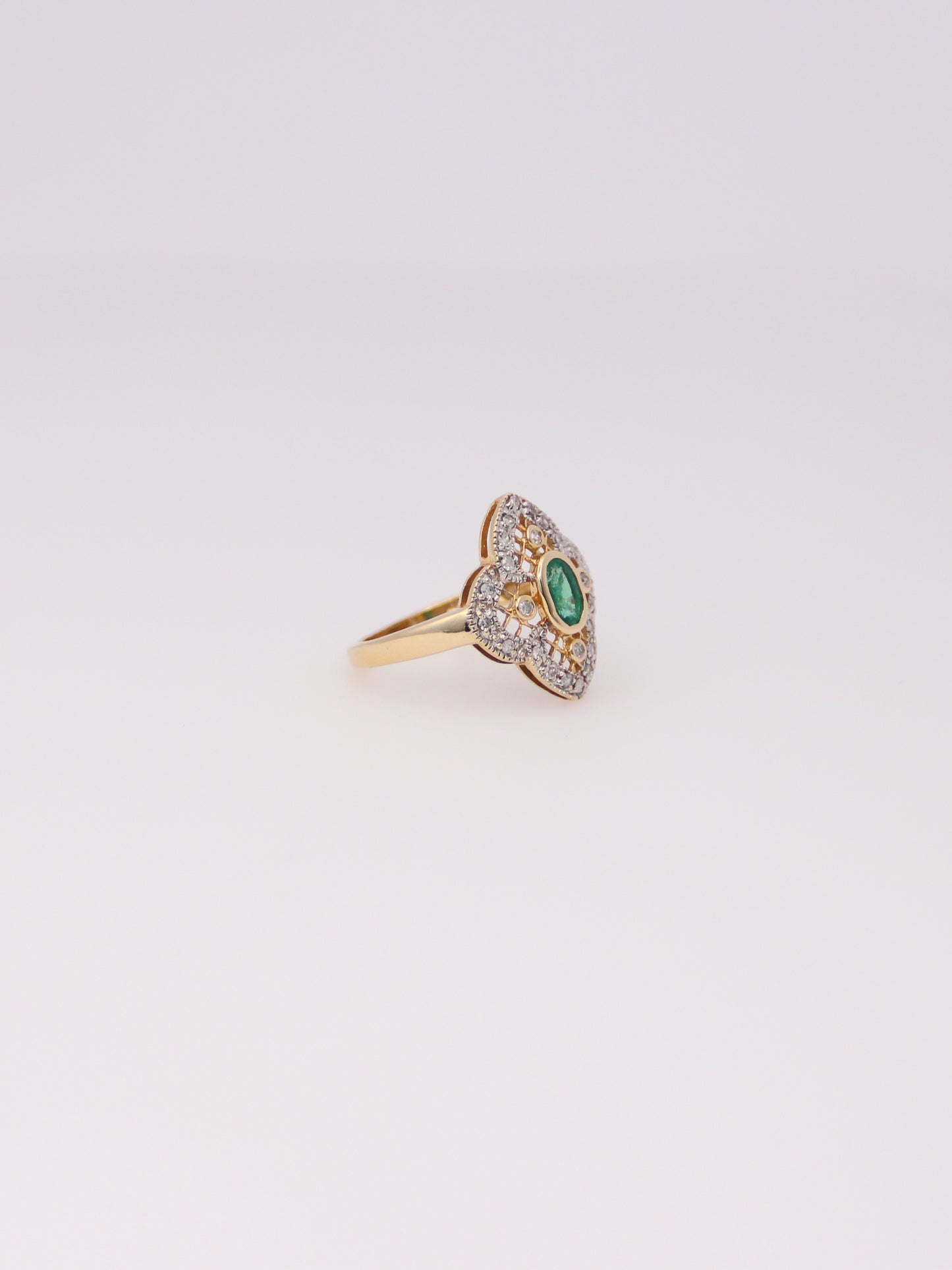 14K Yellow Gold Antique Emerald and Diamond Ring