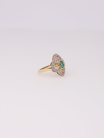 14K Yellow Gold Antique Emerald and Diamond Ring