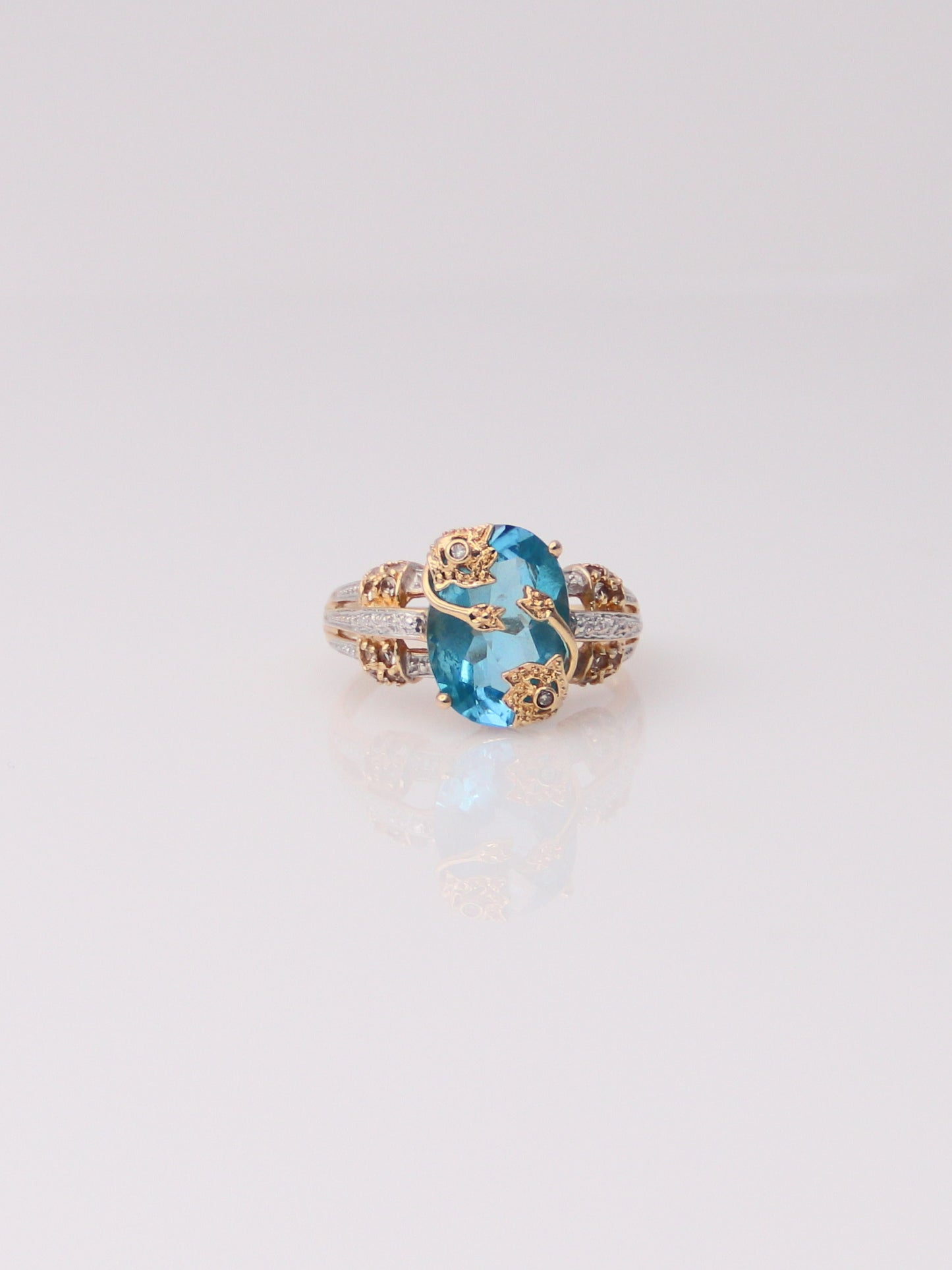 14K Two Tone Blue Topaz and Aquamarine Diamond Milgrain Ring