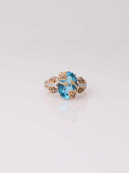 14K Two Tone Blue Topaz and Aquamarine Diamond Milgrain Ring