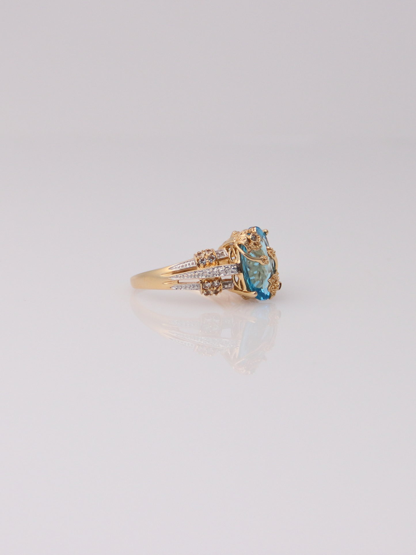 14K Two Tone Blue Topaz and Aquamarine Diamond Milgrain Ring