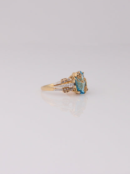 14K Two Tone Blue Topaz and Aquamarine Diamond Milgrain Ring