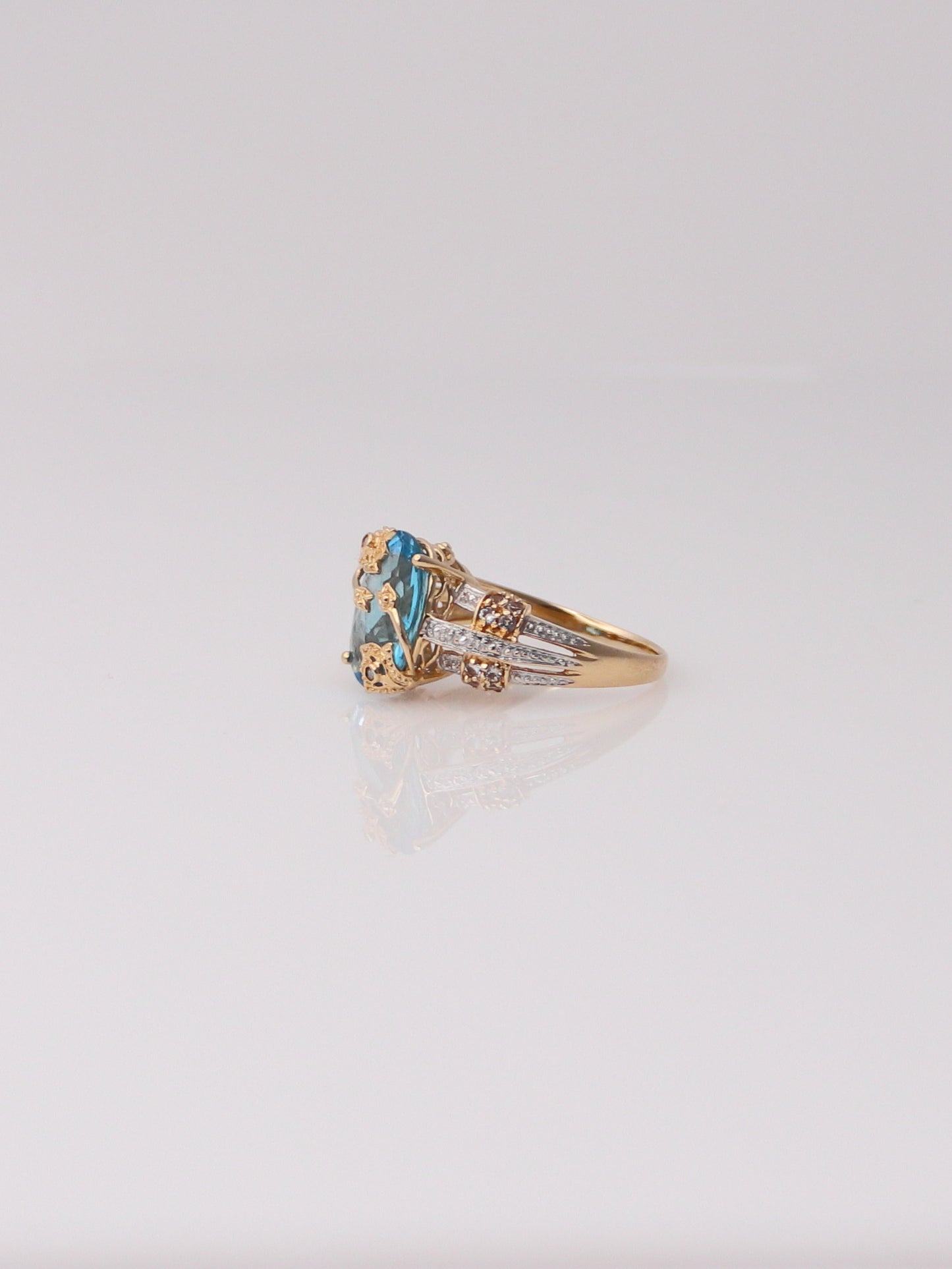 14K Two Tone Blue Topaz and Aquamarine Diamond Milgrain Ring