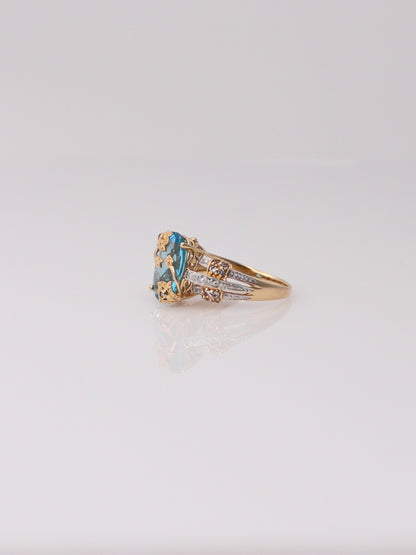 14K Two Tone Blue Topaz and Aquamarine Diamond Milgrain Ring